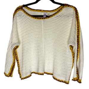 Alya Cream Crochet Cropped Sweater Mustard and Brown Trim Size Medium Scoop Neck